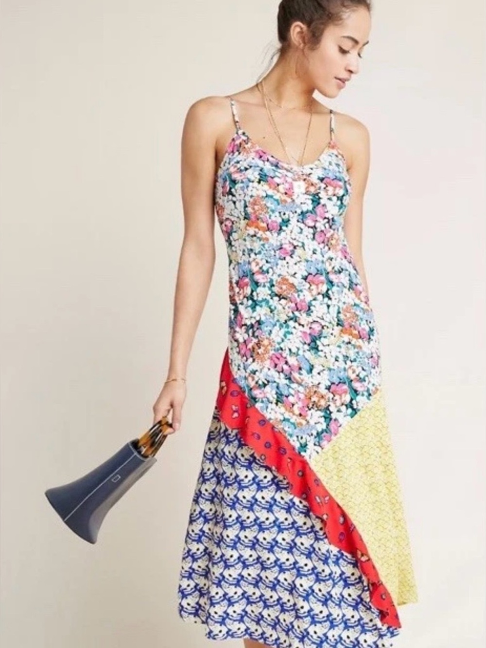 Anthropologie Multi Floral Patchwork Maxi Dress - Blue, Red, Yellow, Pink